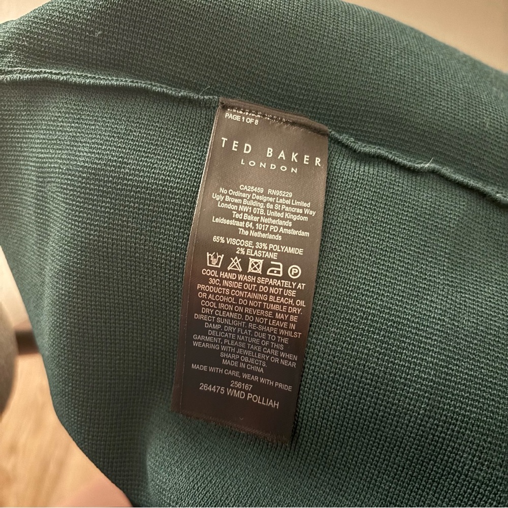 Ted Baker Forest Green Long Sleeve Dress sweetheart size 0 XS / S ribbed midi - Picture 6 of 10